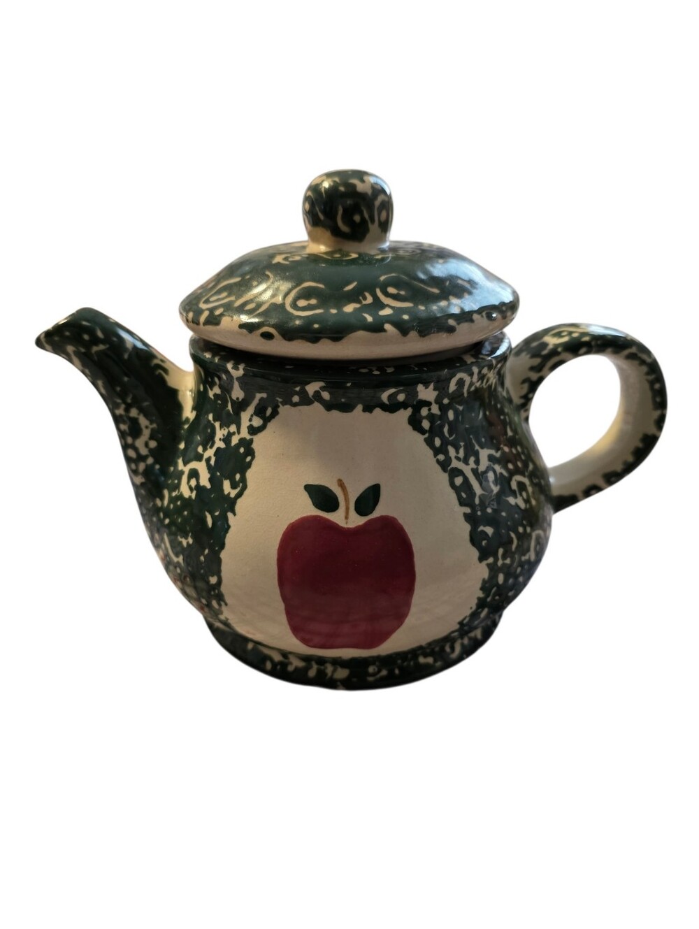 Hand-Painted Ceramic Teapot with Red Apple Motif - Green & Cream - Picture 2 of 3